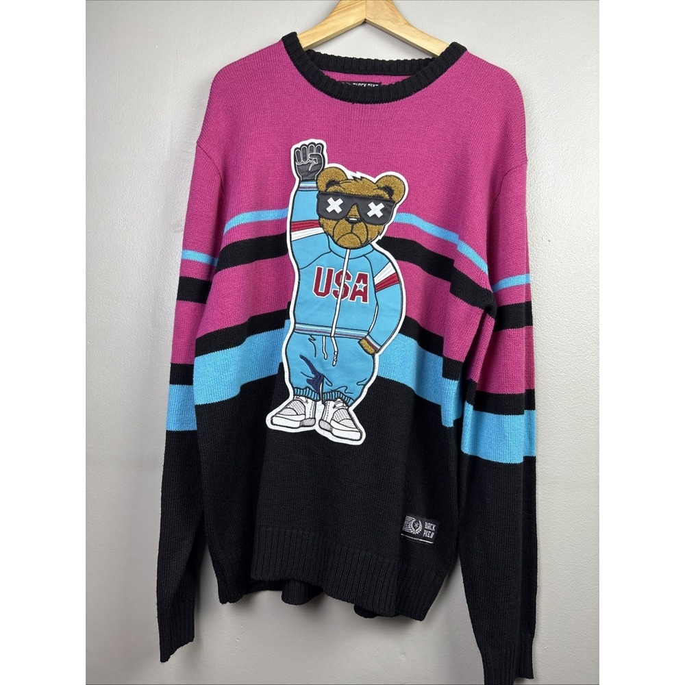 Men's Black Pike Black Power Olympic Bear Crew Neck Knit Sweater Sz XL